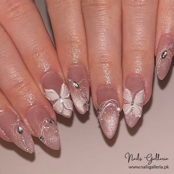 3D Floral Glitter Press-On Nails (24 Pcs) - Free Nail Kit Included