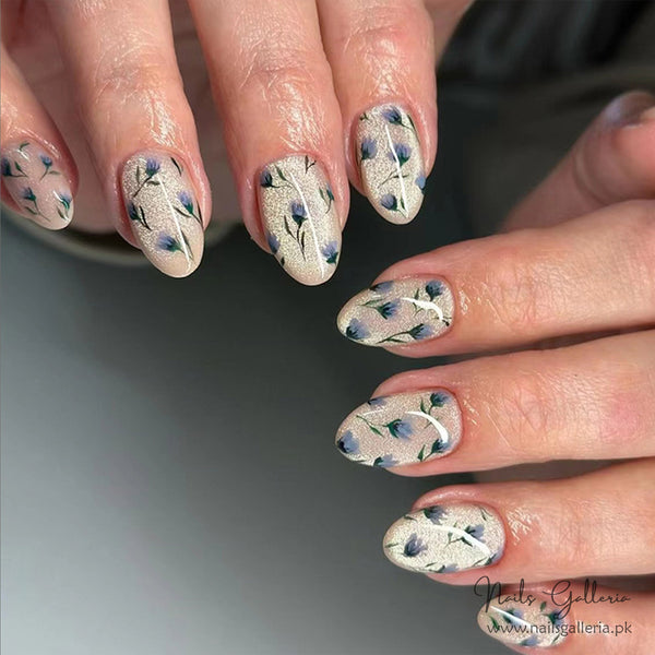 Blue Blossom Press-On Nail Set (24 Pcs) - Free Nail Kit Included