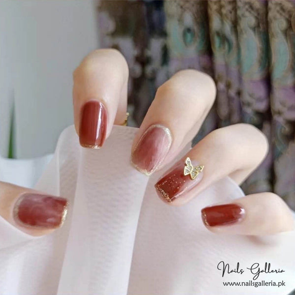 Burgundy Butterfly – Press-On Nails (24 Pcs) - Free Nail Kit Included