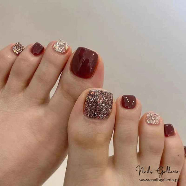 💫 Burgundy & Glitter Toe Press-On Nails (24 Pcs) - Free Nail Kit Included