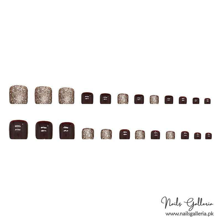 💫 Burgundy & Glitter Toe Press-On Nails (24 Pcs) - Free Nail Kit Included