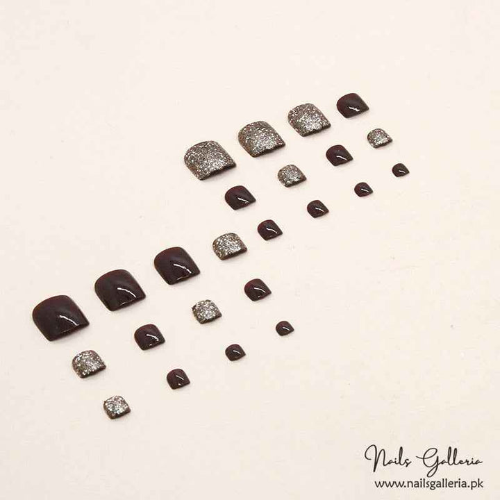 💫 Burgundy & Glitter Toe Press-On Nails (24 Pcs) - Free Nail Kit Included