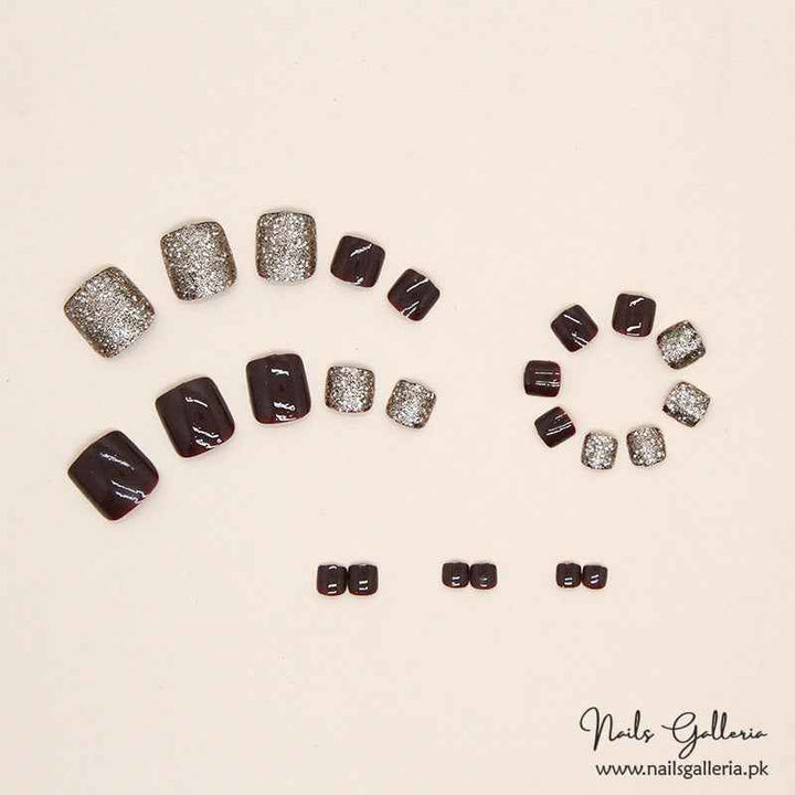 💫 Burgundy & Glitter Toe Press-On Nails (24 Pcs) - Free Nail Kit Included