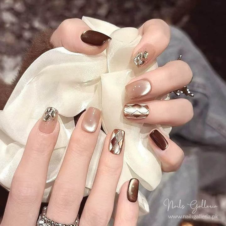 Burnt Coffee Ice Cat Eyes Press-On Nails (24Pcs) - Nails Galleria