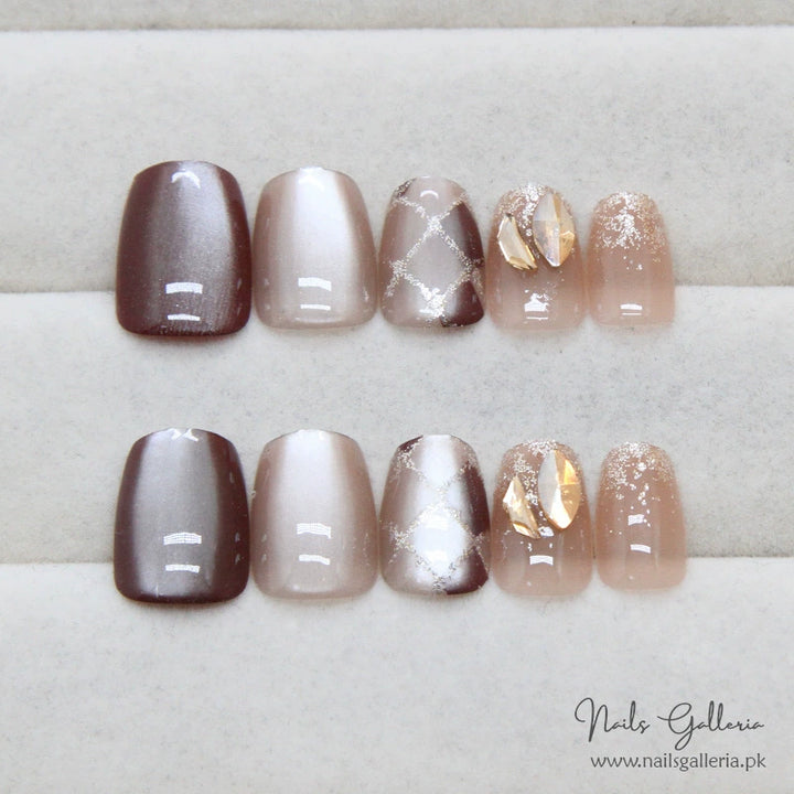 Burnt Coffee Ice Cat Eyes Press-On Nails (24Pcs) - Nails Galleria