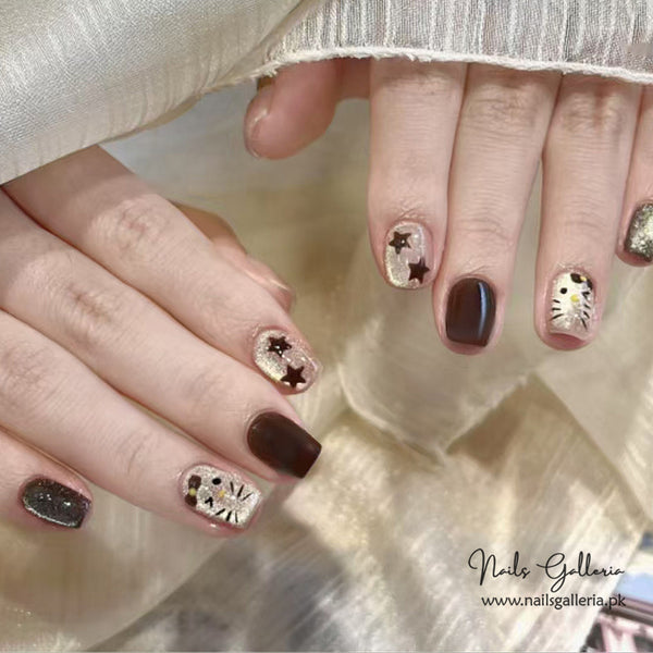 Celestial Mocha – Starry Glitter Press-On Nails (24 Pcs) - Free Nail Kit Included