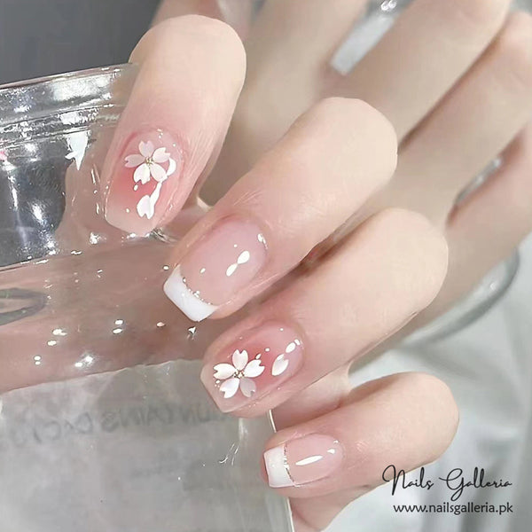 🌸 Cherry Blossom French Press-On Nails (24 Pcs) - Free Nail Kit Included