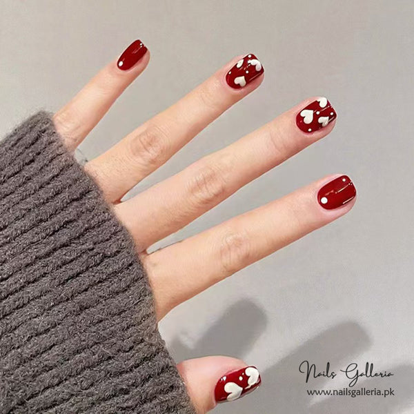 ❤️🤍 Cherry Love – Press-On Nails Set (24 Pcs) - Free Nail Kit Included