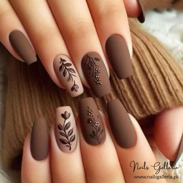 ✨ Chocolate Floral Elegance Press-On Nails (24 Pcs) - Free Nail Kit Included