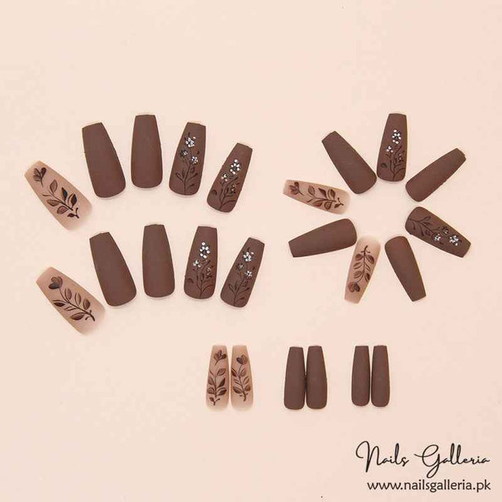 ✨ Chocolate Floral Elegance Press-On Nails (24 Pcs) - Free Nail Kit Included