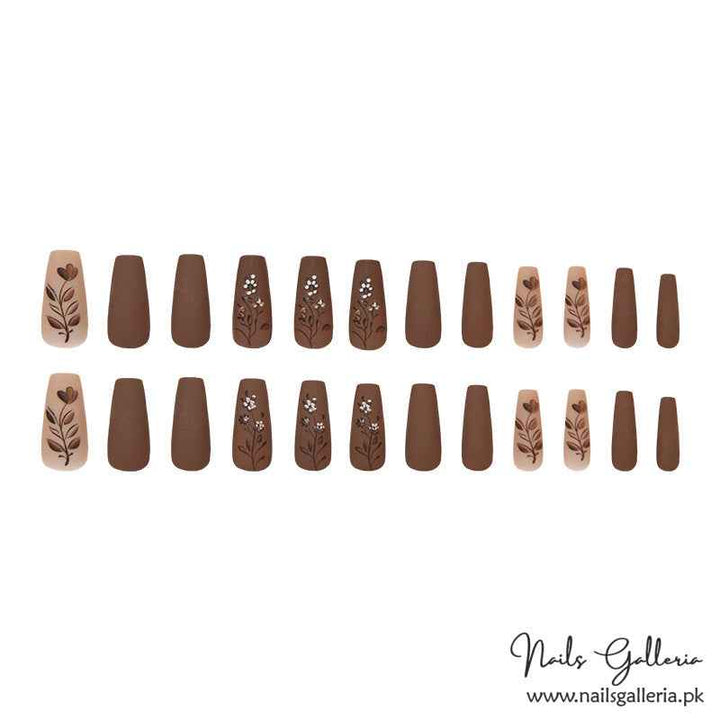 ✨ Chocolate Floral Elegance Press-On Nails (24 Pcs) - Free Nail Kit Included