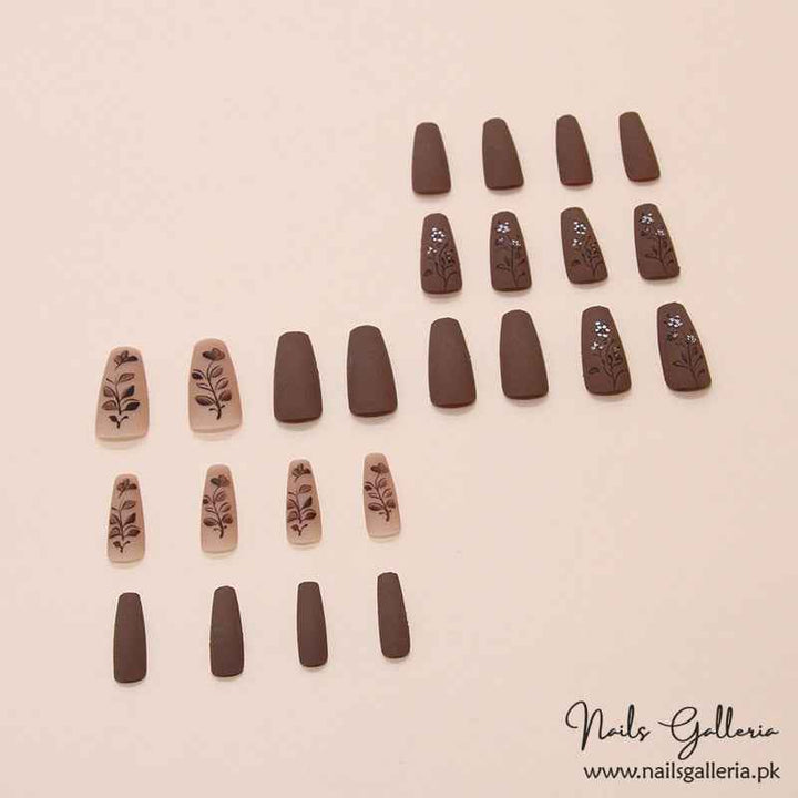 ✨ Chocolate Floral Elegance Press-On Nails (24 Pcs) - Free Nail Kit Included