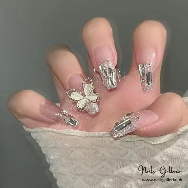Crystal Chrome Rotating Butterfly Press-On Nails (24 Pcs) - Free Nail Kit Included
