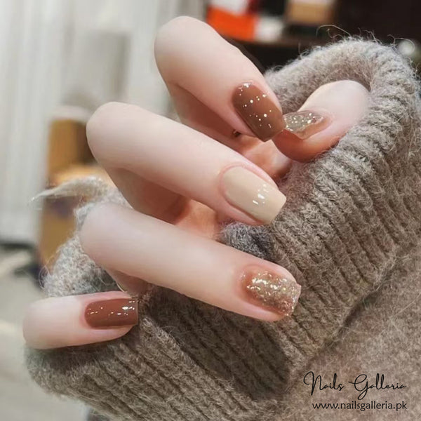 Earthy Glow Elegance Press-On Nails (24 Pcs) - Free Nail Kit Included