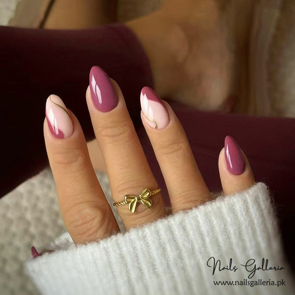 Elegant Burgundy & Blush Press-On Nails (24 Pcs) - Free Nail Kit Included