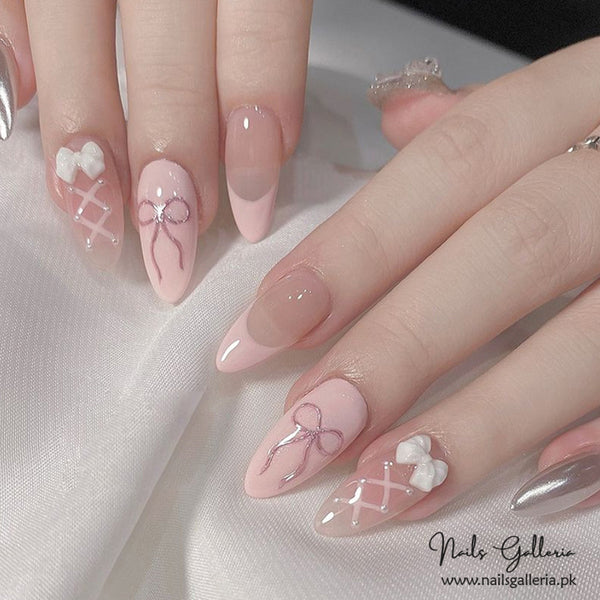 🎀 Elegant Pink Bow – Press-On Nail Set (30Pcs) - Free Nail Kit Included