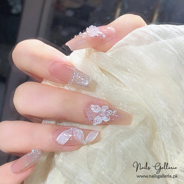 🌸 Ethereal Blossom Press-On Nails (24 Pcs) - Free Nail Kit Included