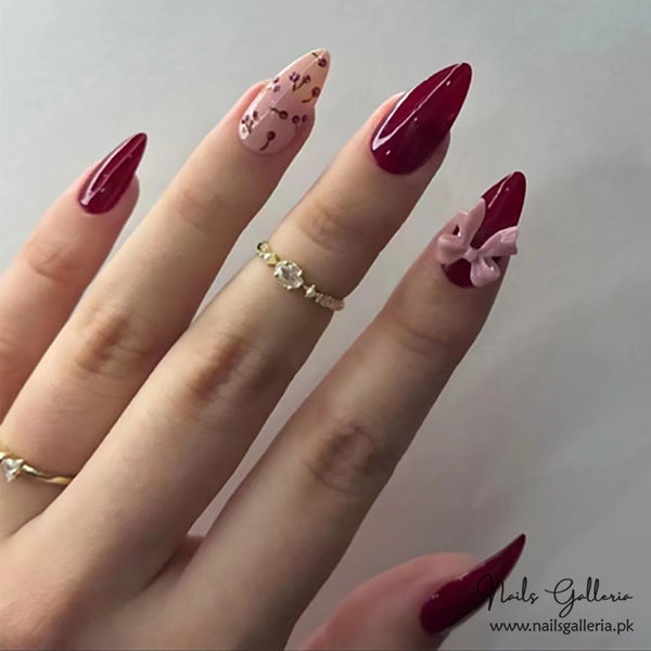 🌹🎀Floral & Bow Accents Press-On Nails (24 Pcs) - Free Nail Kit Included