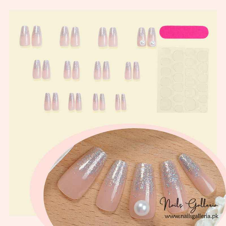🌟 Glittering Pearls – Press-On Nails (24Pcs) - Free Nail Kit Included