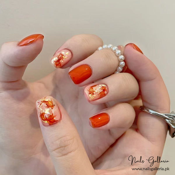 Golden Autumn Leaves Press-On Nails (24 Pcs) - Free Nail Kit Included