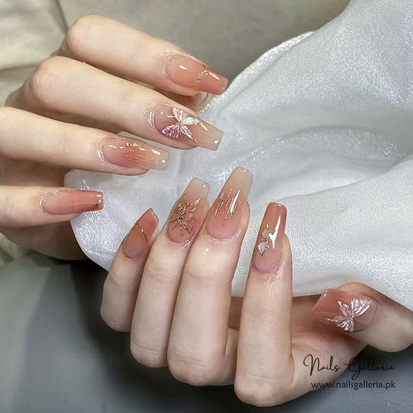 Golden Butterfly Gradient Press-On Nails  (24 Pcs) - Free Nail Kit Included