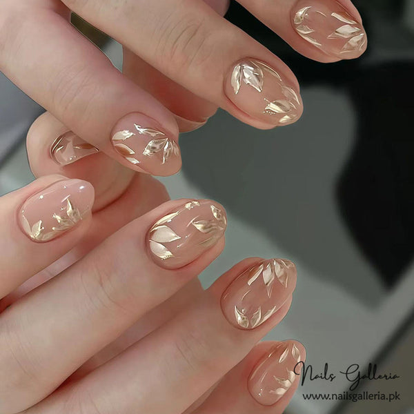 Golden Leaf Whispers Press-On Nails (24 Pcs) - Free Nail Kit Included