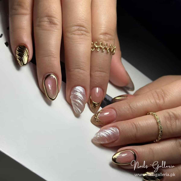 ✨Luxe Gold & Pearl Swirl Press-On Nails (24 Pcs) - Free Nail Kit Included