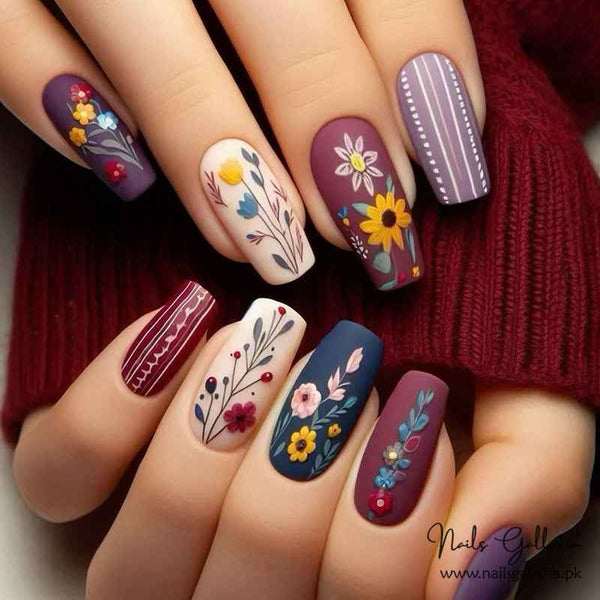 Matte Floral Fantasy Press-On Nails (24 Pcs) - Free Nail Kit Included