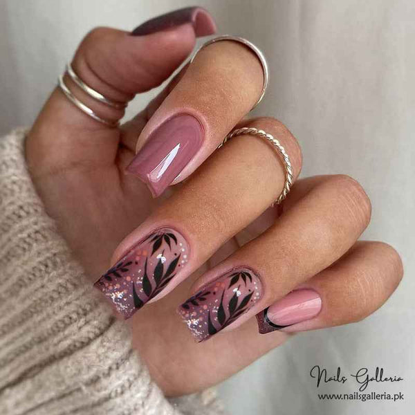 🌸 Mauve Elegance – Floral & Glitter Press-On Nails (24 Pcs) - Free Nail Kit Included