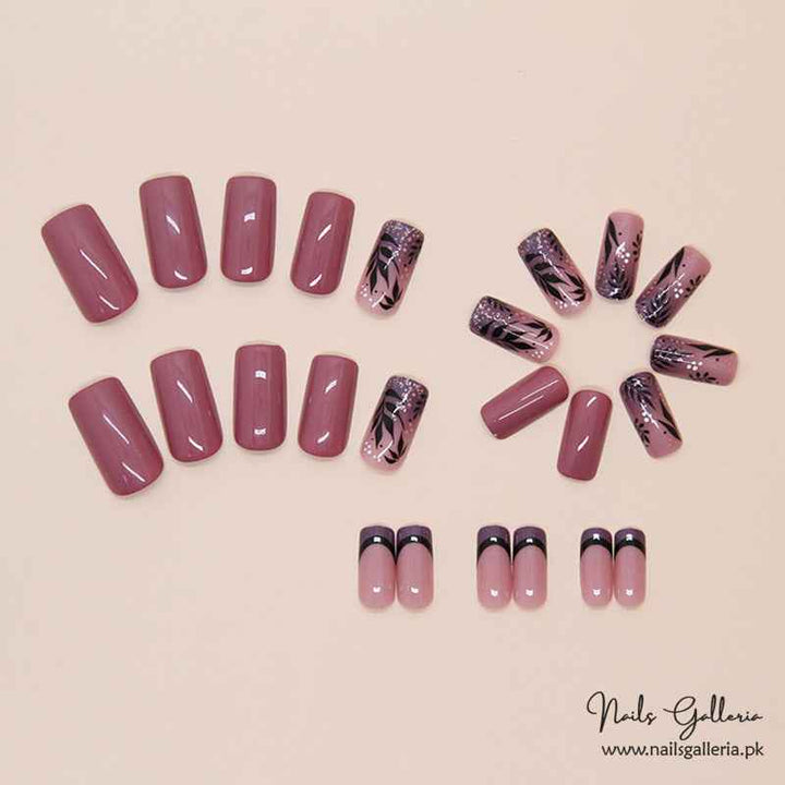 🌸 Mauve Elegance – Floral & Glitter Press-On Nails (24 Pcs) - Free Nail Kit Included