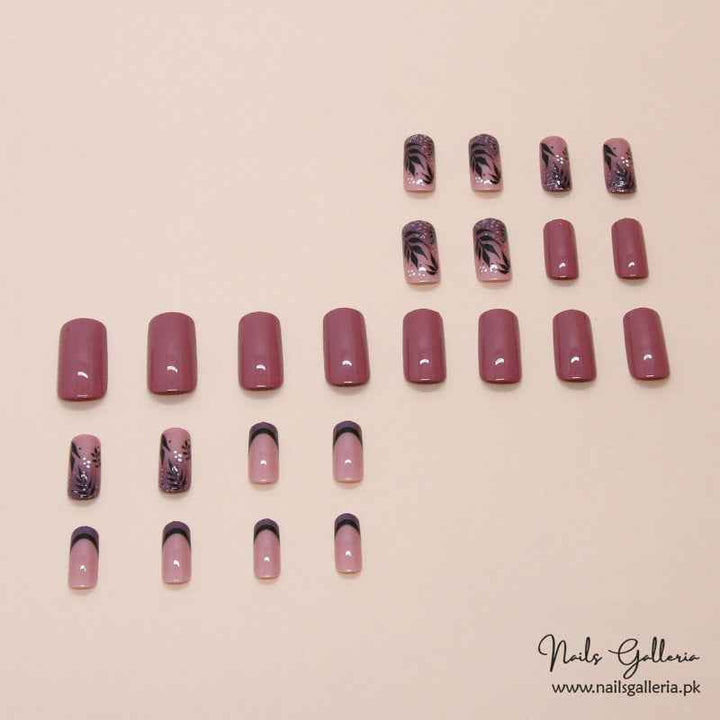 🌸 Mauve Elegance – Floral & Glitter Press-On Nails (24 Pcs) - Free Nail Kit Included