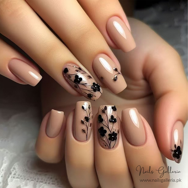 🖤🌙Midnight Bloom Nude Press-On Nails (24 Pcs) - Free Nail Kit Included