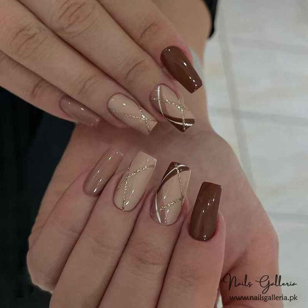💫 Mocha Gold Accent Press-On Nails (24 Pcs) - Free Nail Kit Included