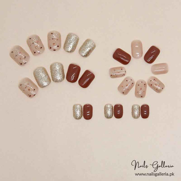 🍫✨ Mocha Gold Sprinkle – Press-On Nails (24 Pcs) - Free Nail Kit Included