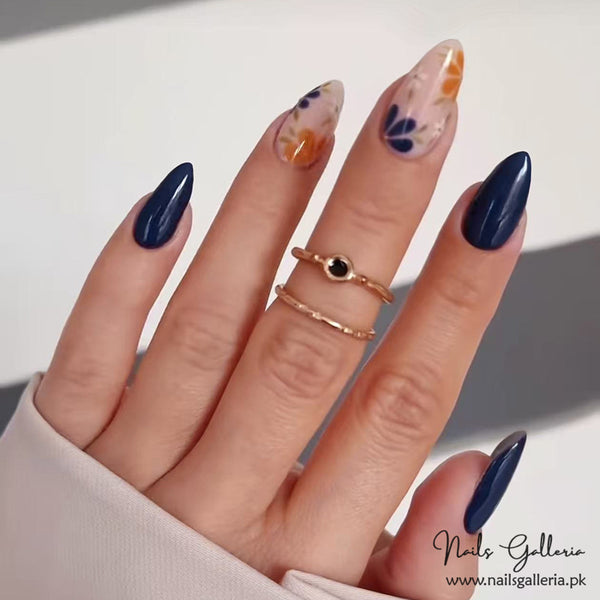 🌸 Navy & Floral Fantasy Press-On Nails (24 Pcs) - Free Nail Kit Included