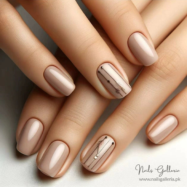 Nude Press-On Nails with Elegant Line Art (24Pcs) - Nails Galleria