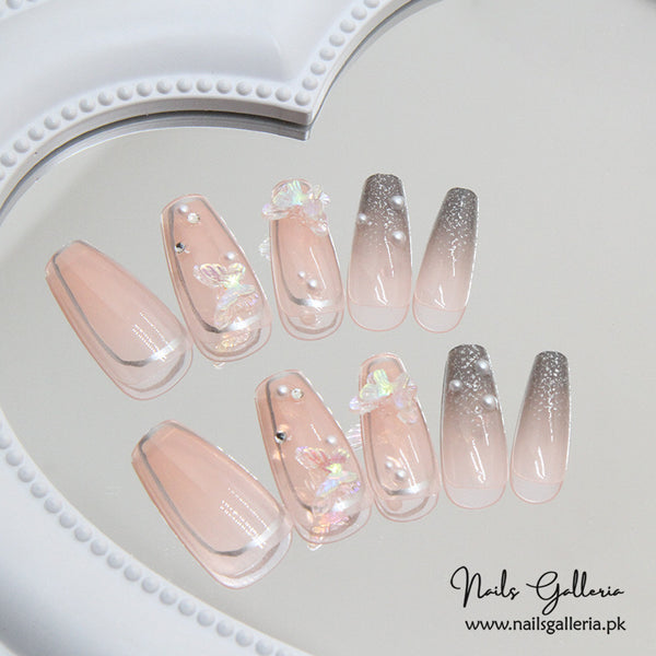 🦋 Pearl Butterfly Coffin Press-On Nails (24 Pcs) - Free Nail Kit Included