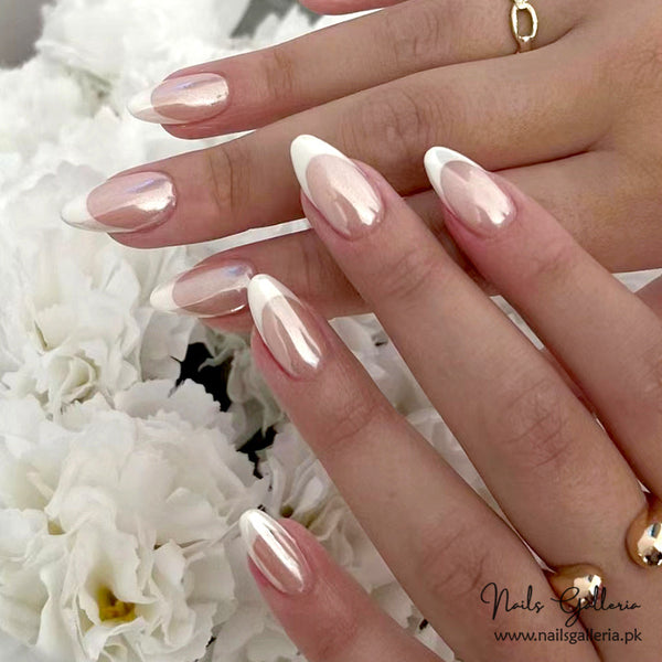 🌸 Pearl French Glow – Almond Press-On Nails (24 Pcs) - Free Nail Kit Included