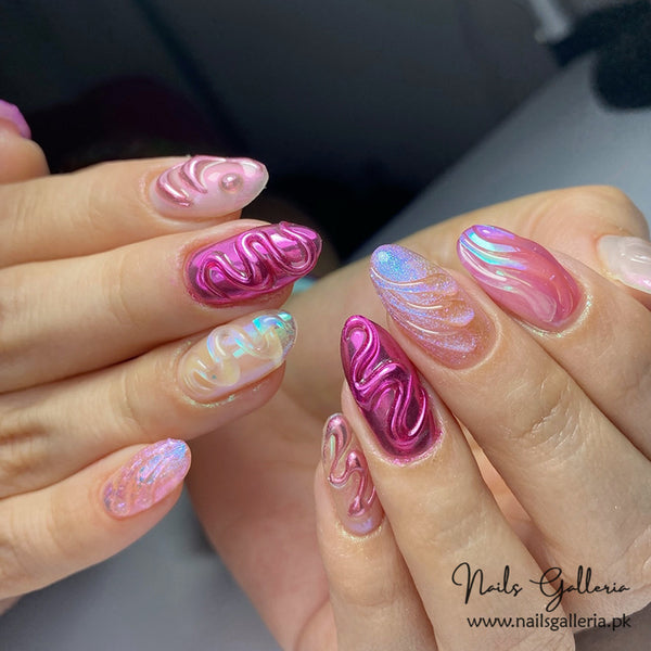 Pink Swirl Fantasia Press-On Nails (24 Pcs) - Free Nail Kit Included