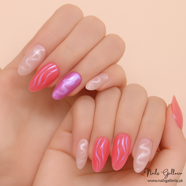 Pink Swirl Fantasia Press-On Nails (24 Pcs) - Free Nail Kit Included