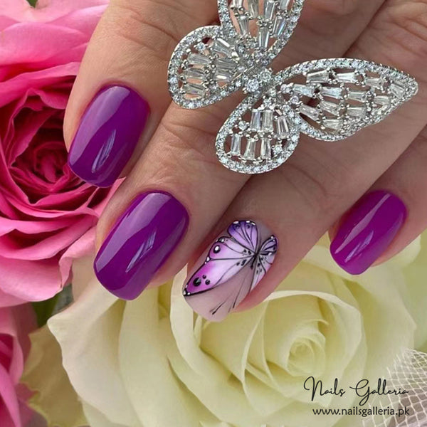 💜 Purple Flutter – Butterfly Accent Press-On Nails (24 Pcs) - Free Nail Kit Included