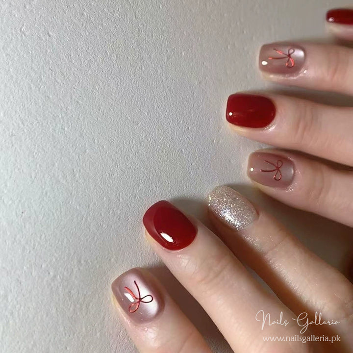Red Bow & Glitter Press-On Nails(24 Pcs) – Chic & Festive Elegance 🎀✨ - Nails Galleria