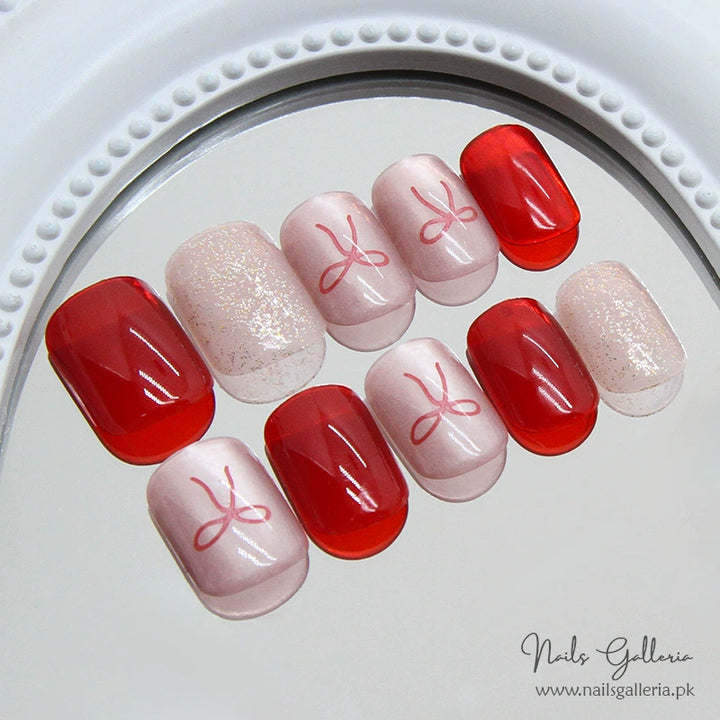 Red Bow & Glitter Press-On Nails(24 Pcs) – Chic & Festive Elegance 🎀✨ - Nails Galleria