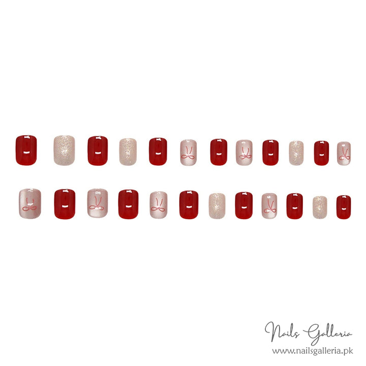 Red Bow & Glitter Press-On Nails(24 Pcs) – Chic & Festive Elegance 🎀✨ - Nails Galleria