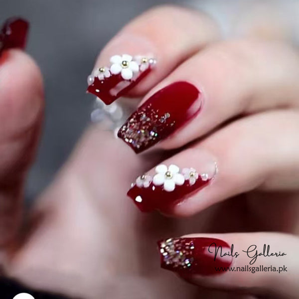 Red Floral Glitter Press-On Nails (24 Pcs) - Free Nail Kit Included