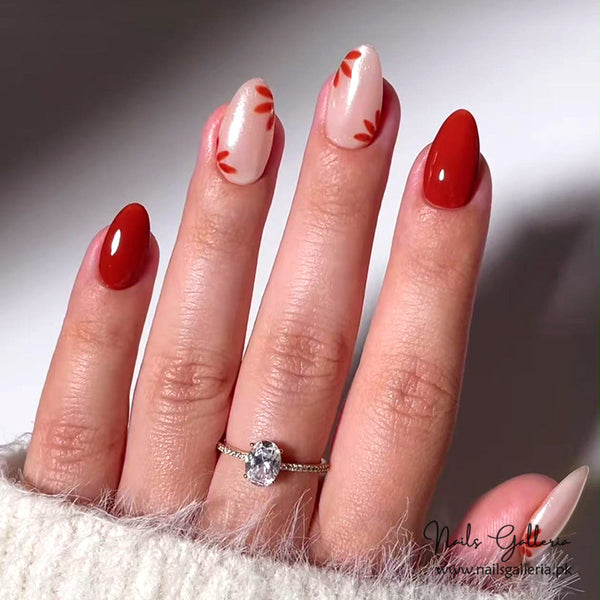 Red & White Floral Press-On Nails (24 Pcs) - Free Nail Kit Included