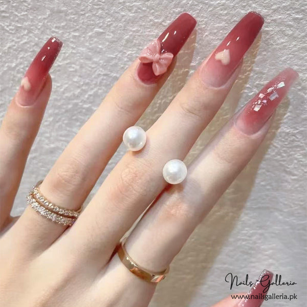 Romantic Hearts Press-On Nails (24 Pcs) - Free Nail Kit Included