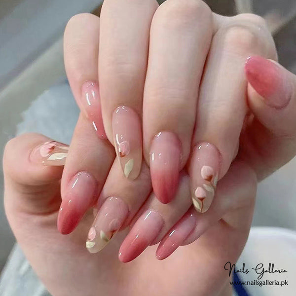 Rose Fade Floral Press-On Nails (24 Pcs) - Free Nail Kit Included