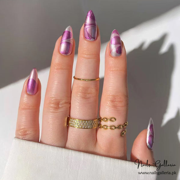 Royal Swirl – Purple & Silver Press-On Nails (24 Pcs) - Free Nail Kit Included