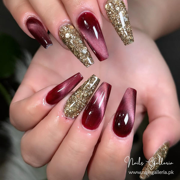 Ruby & Gold Press-On Nails (24 Pcs) - Free Nail Kit Included